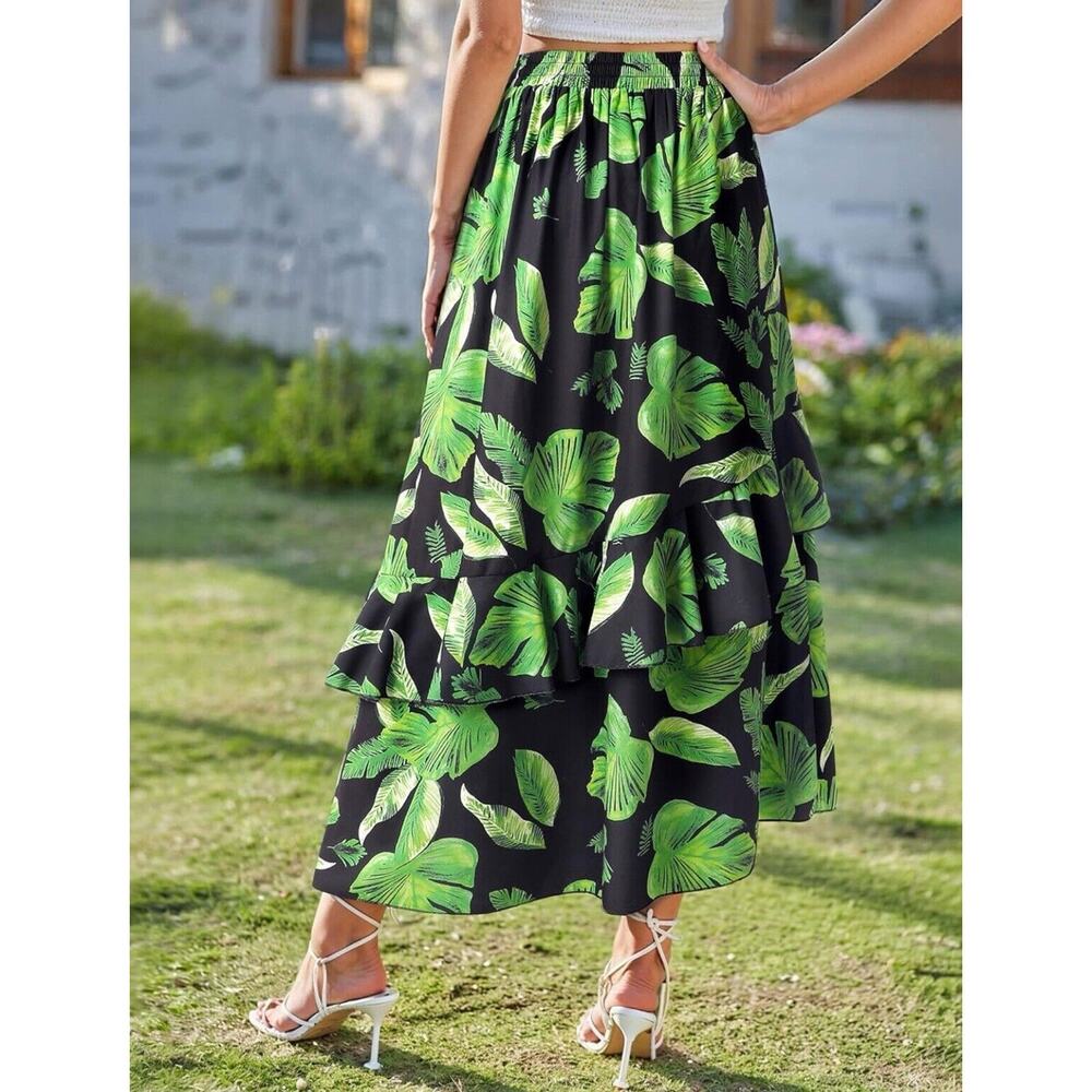Ezcosplay Women High Waisted Hawaiian Tropical Floral Maxi Skirt Ruffle - Picture 3 of 13